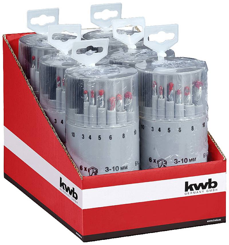 'kwb' Messprinzen Bohrer-Set in Zylinderverpackung, sechs Sets pro Karton, Größenbereich 3-10 mm, präsentiert in roter Schachtel.
