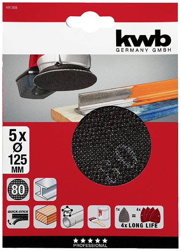 Kwb 491308 Schleifpapier für Tellerschleifgerät Körnung (num) 80 (Ø) 125mm 5St.