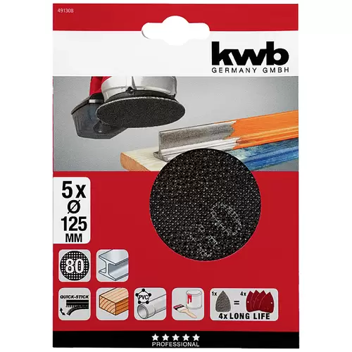 Kwb 491308 Schleifpapier für Tellerschleifgerät Körnung (num) 80 (Ø) 125mm 5St. Kwb 491308 Schleifpapier für Tellerschleifgerät Körnung (num) 80 (Ø) 125mm 5St.