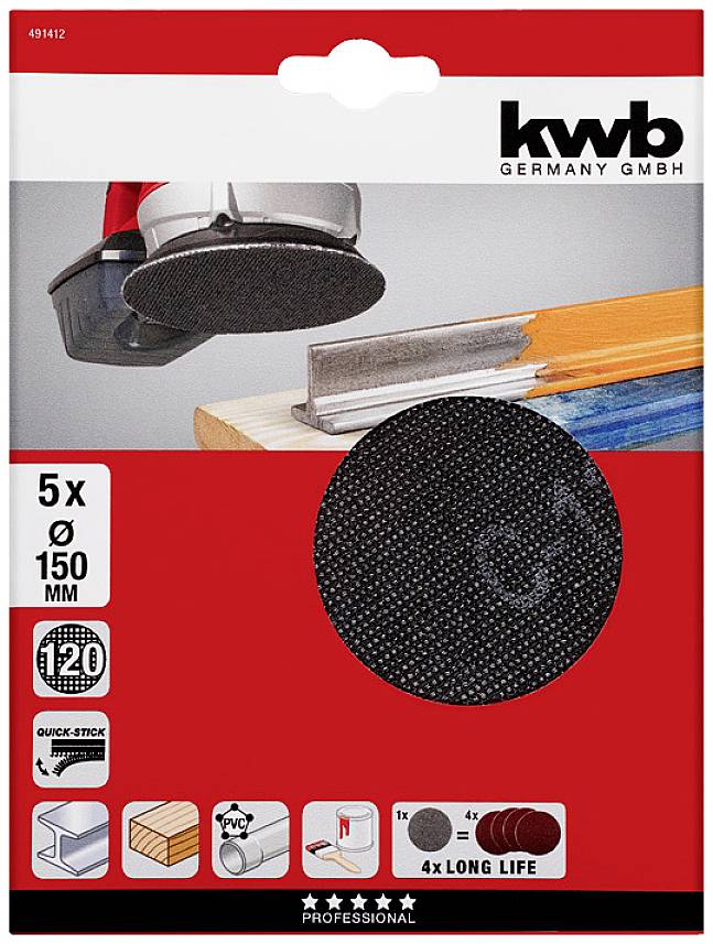 Kwb 491412 Schleifpapier für Tellerschleifgerät Körnung (num) 120 (Ø) 150mm 5St.