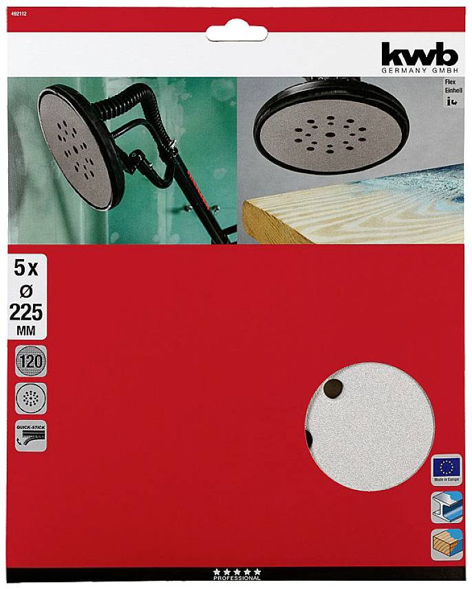 Verpackung von Schleifscheiben: Zeigt zwei Beispiele ihrer Anwendung auf Holz und Wand. Enthält 5 Stück, Ø 225 mm, Korn 120.