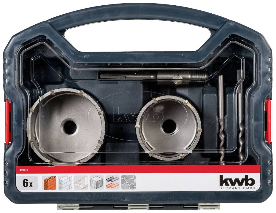 Satz von Metallbohrköpfen mit zwei Kreissägeaufsätzen und Bohrer, in Hartplastikverpackung. Geeignet für Beton, Ziegel, Kacheln.