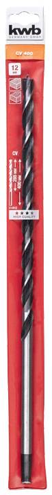 Ein langer Bohrer in roter Verpackung, gekennzeichnet mit 'kwb' und '12 mm'. Ideal für präzises Bohren in verschiedenen Materialien.