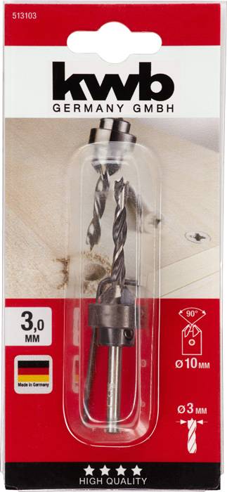 Verpackung eines 3-mm-Bohrers von 'kwb Germany GmbH', inklusive Tiefenanschlag und Dorn. Eignung für Holzbohrungen angegeben.