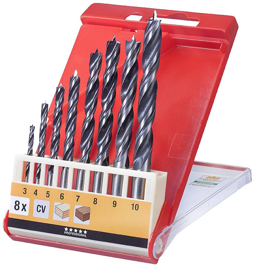 Achtteiliger Bohrer-Set in rotem Etui, geeignet für Holz- und Metallbohrungen, sortiert nach Größe von 3 bis 10 mm.