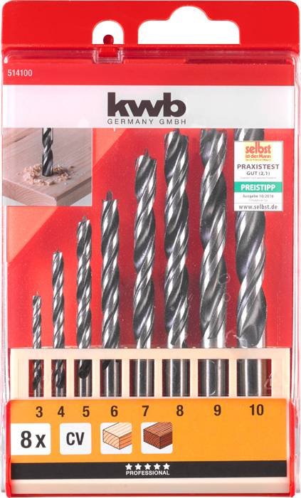 Kwb 514100 Holz-Spiralbohrer-Set 3 mm, 4 mm, 5 mm, 6 mm, 7 mm, 8 mm, 9 mm, 10mm 8St.