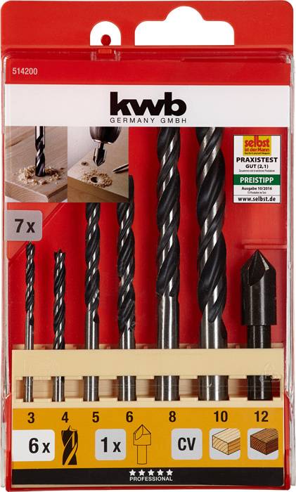 Ein Set von 7 Spiralbohrern, sortiert nach Größe. Enthält Details zu Anwendung und Qualitätssiegel an der Verpackung.