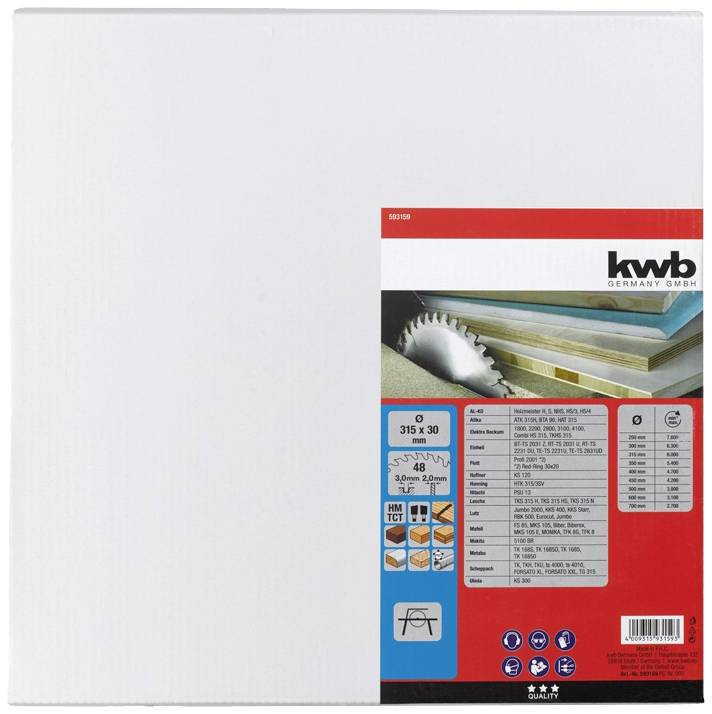 Verpackung eines kreisförmigen Sägeblattes von 'kwb Germany GmbH', geeignet für verschiedene Materialien, Durchmesser: 315 mm.