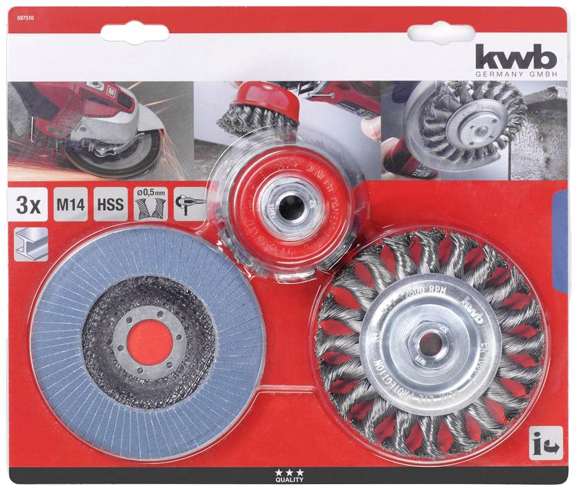 Drahtbürstenset für Winkelschleifer mit drei Aufsätzen: Schleif-, Topfbürste und Lamellenscheibe. Geeignet für Metallreinigung.