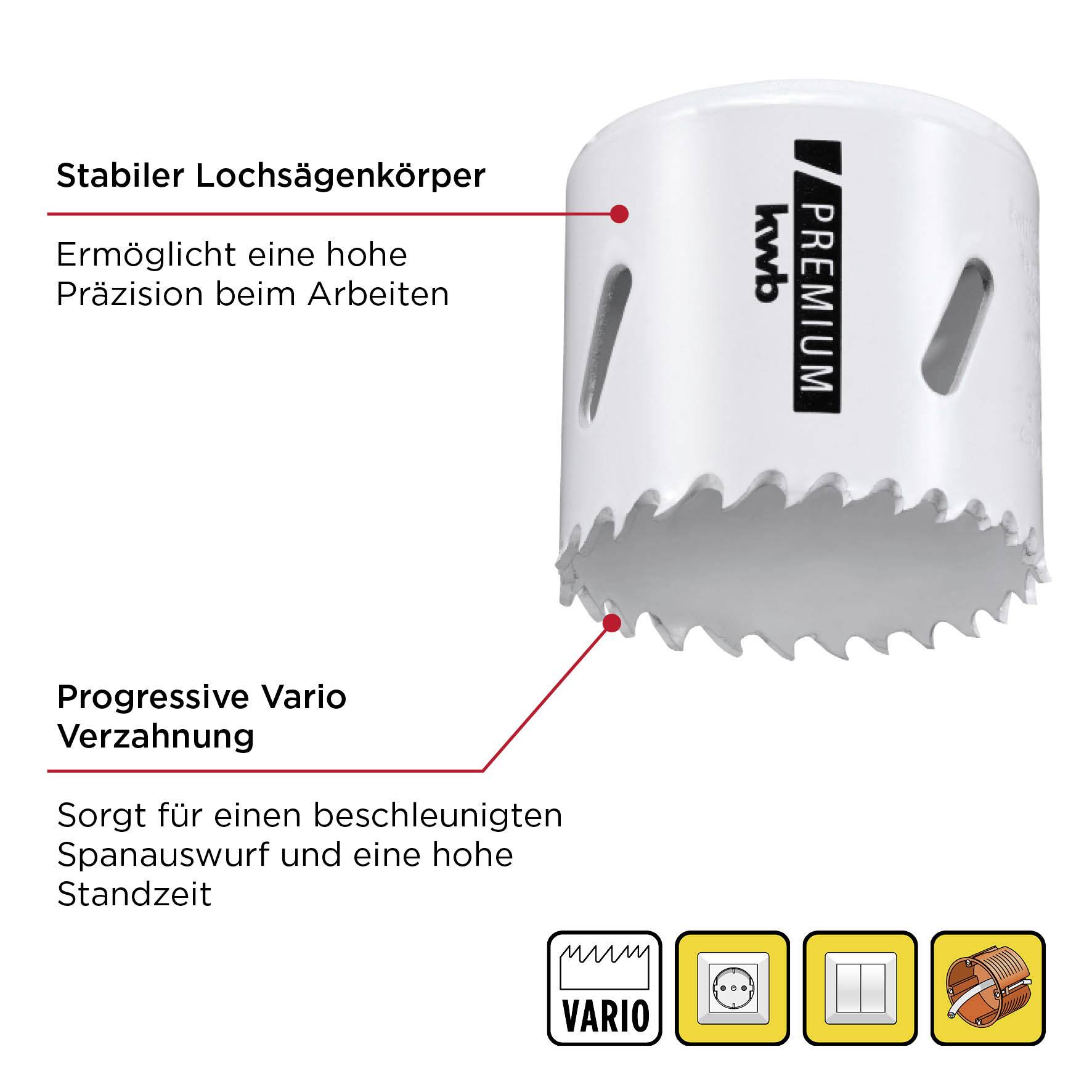 Lochsägenaufsatz mit stabiler Bauweise für präzises Arbeiten und progressiver Vario-Verzahnung für schnellen Spanabwurf und hohe Lebensdauer.