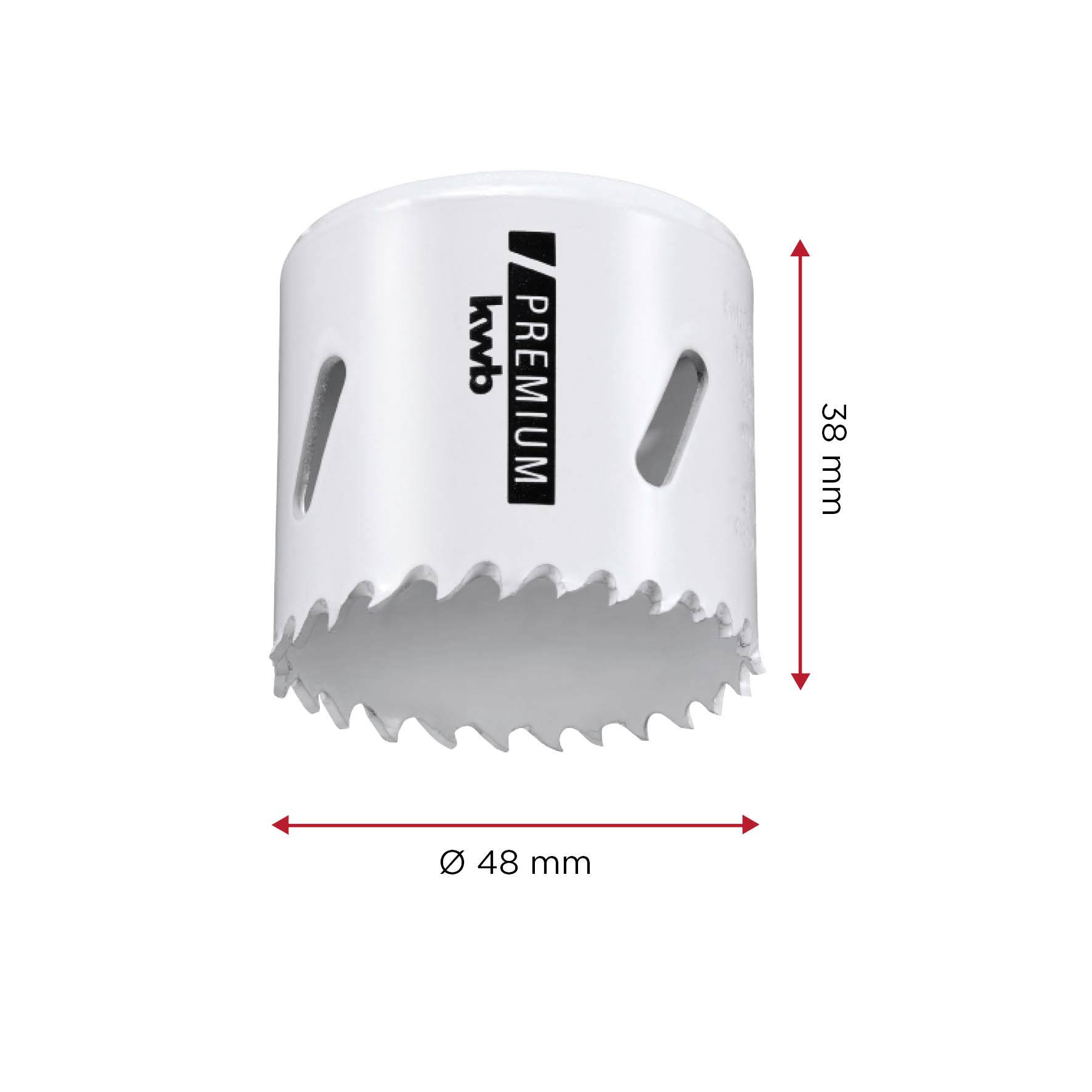 Ein weißer, zylindrischer Sägeaufsatz mit gezacktem Rand, markiert mit 'PREMIUM', hat einen Durchmesser von 48 mm und eine Höhe von 38 mm.