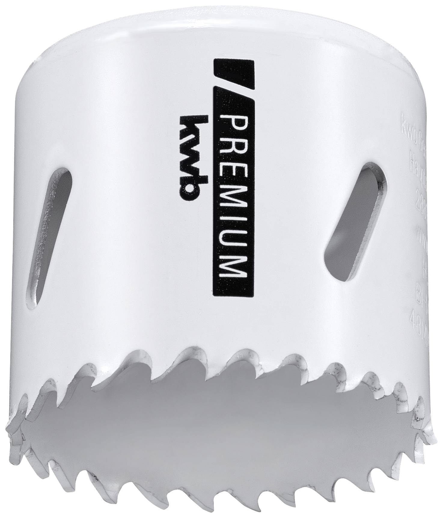 Weißer KWB Premium Lochsägeaufsatz aus Metall mit gezacktem Rand und seitlichen Belüftungsschlitzen.