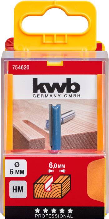 Verpackung eines Fräsers von kwb, geeignet für Holzarbeiten. Durchmesser: 6 mm. Enthält Symbol für Holzverarbeitung.