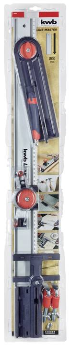 'Kwb Schienenführung und Kreisschneider' Verpackung mit Abbildungen der Verwendungsmöglichkeiten. Enthält Maßangaben und Montagehinweise.