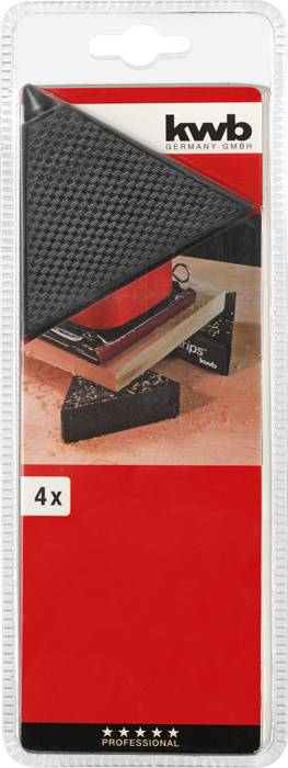 Vier schwarze Schleifblätter in einer roten Verpackung von 'kwb Germany'. Geeignet für Schleifmaschinen, als Zubehör für professionelle Nutzung.