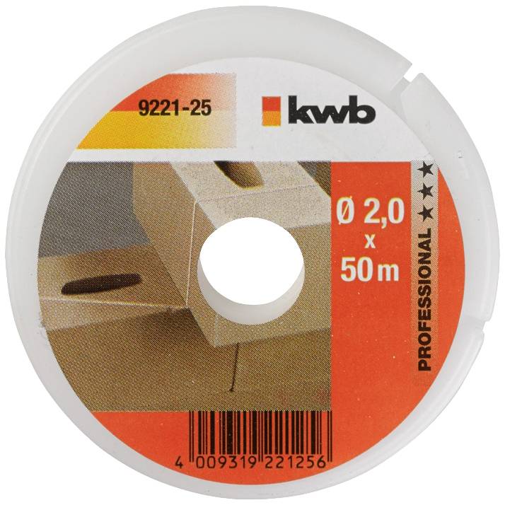 'KWB Professional' Kunststoffrolle mit 50m Draht, Durchmesser 2,0mm. Etikett zeigt Bild von Karton, Artikelnummer 9221-25.