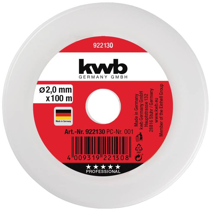 Runde rote Spule mit weißem Etikett, 'kwb GERMANY GMBH', Drahtdurchmesser 2,0 mm, Länge 100 m, hergestellt in Deutschland.