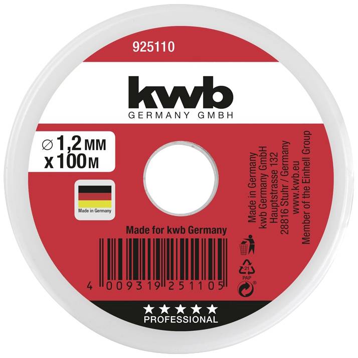 Eine rot-weiße Spule mit der Aufschrift 'kwb GERMANY GMBH', Durchmesser 1,2 mm x 100 m, hergestellt in Deutschland.