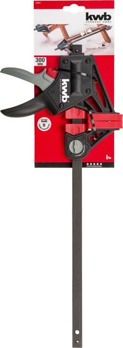 Eine Einhandzwinge der Marke KWB auf roter Verpackung. Geeignet zum schnellen Halten oder Fixieren von Materialien.