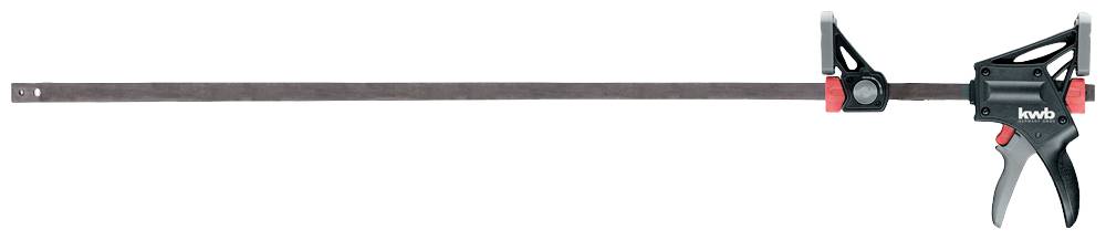 Schraubzwinge mit langem Metallarm und schwarzem Griff, geeignet zum Fixieren von Werkstücken.