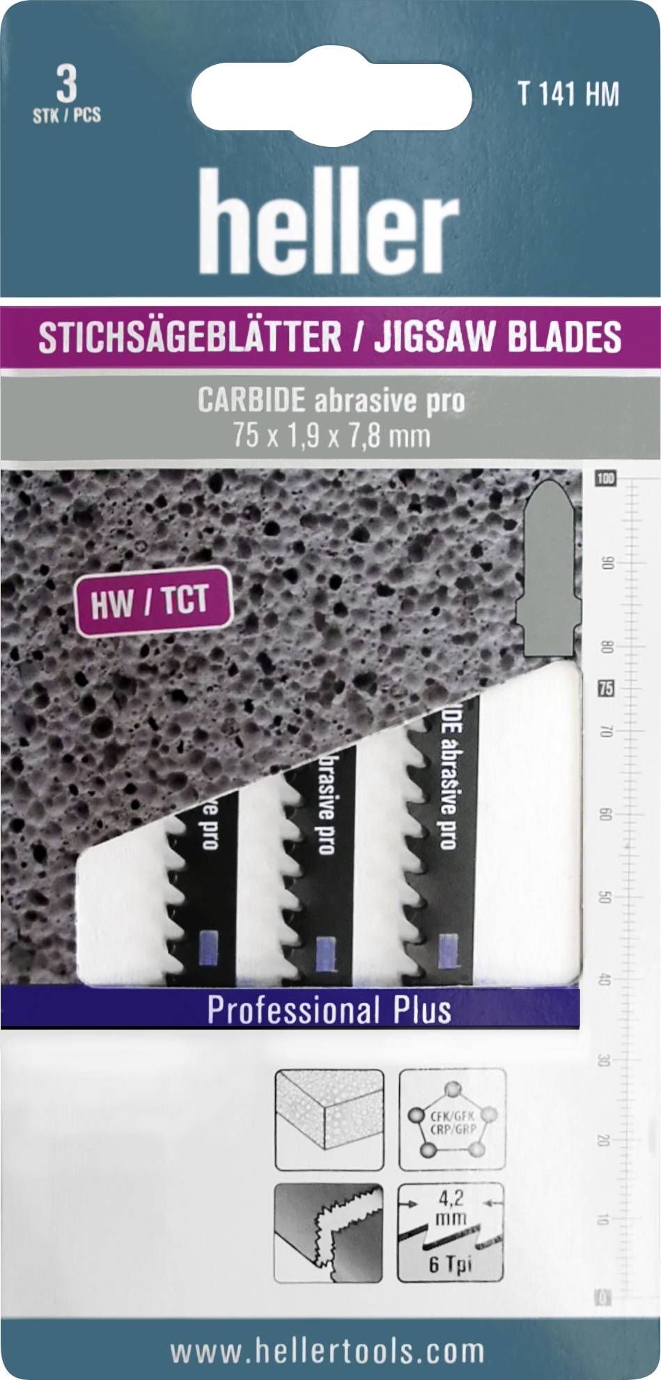 'heller Stichsägeblätter', 3 Stück. Verpackung zeigt Klingen mit der Aufschrift 'CARBIDE abrasive pro', Maße: 75 x 1,9 x 7,8 mm.