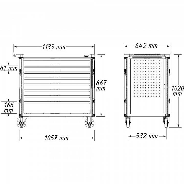 Technische Zeichnung eines Werkstattwagens mit sechs Schubladen. Maße: Breite 1133 mm, Höhe 867 mm, Tiefe 642 mm, Schubladenhöhe 166 mm.