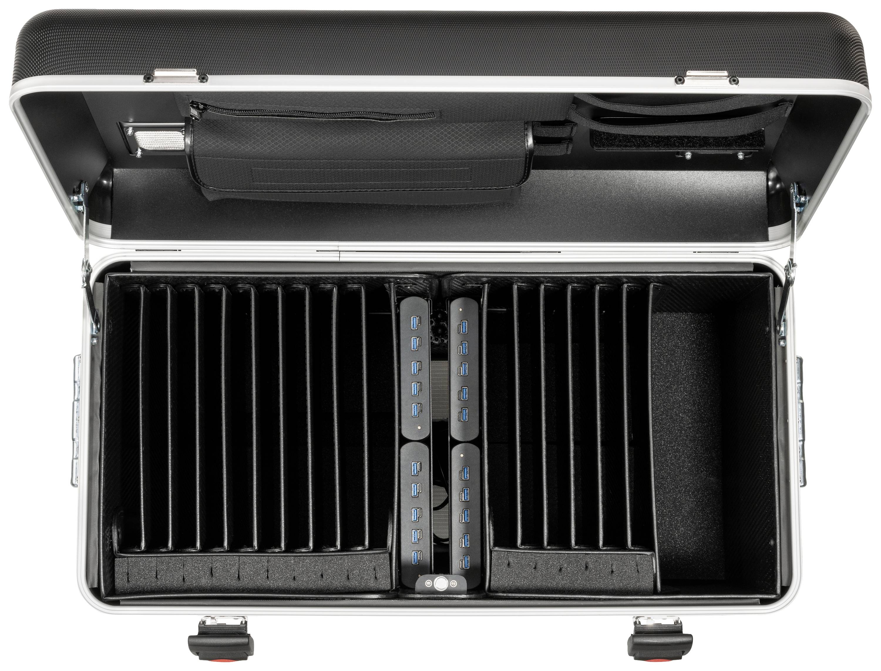 Ein geöffneter Koffer mit mehreren Fächern, die leer sind. Der Koffer scheint für die Aufbewahrung und Organisation von Gegenständen konzipiert.