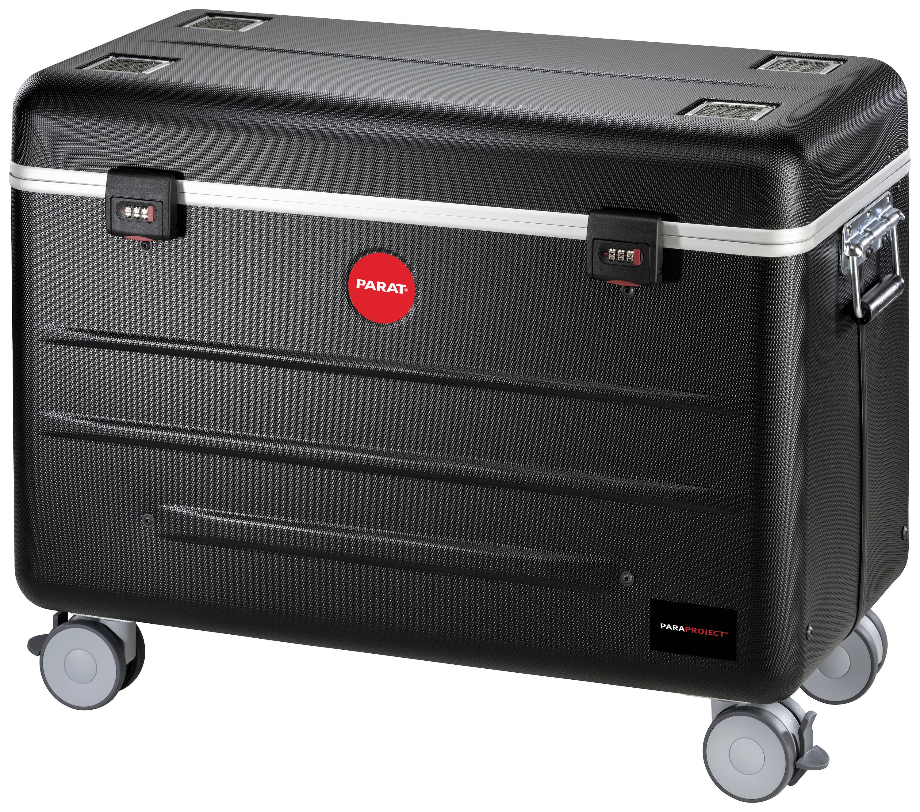 Ein schwarzer Koffer auf Rollen mit Kombinationsschlössern und einem roten Logo. Geeignet für sichere Aufbewahrung und Transport.