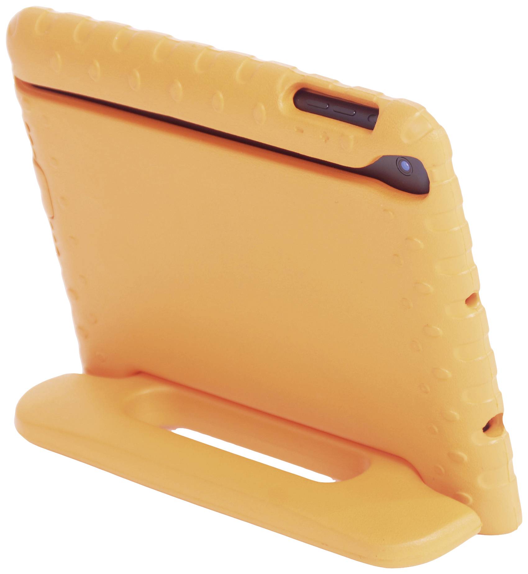 Tablet in orangefarbener Schutzhülle mit Griffen, steht auf Ständer. Ruggedes Design für verbesserten Schutz und einfache Handhabung.