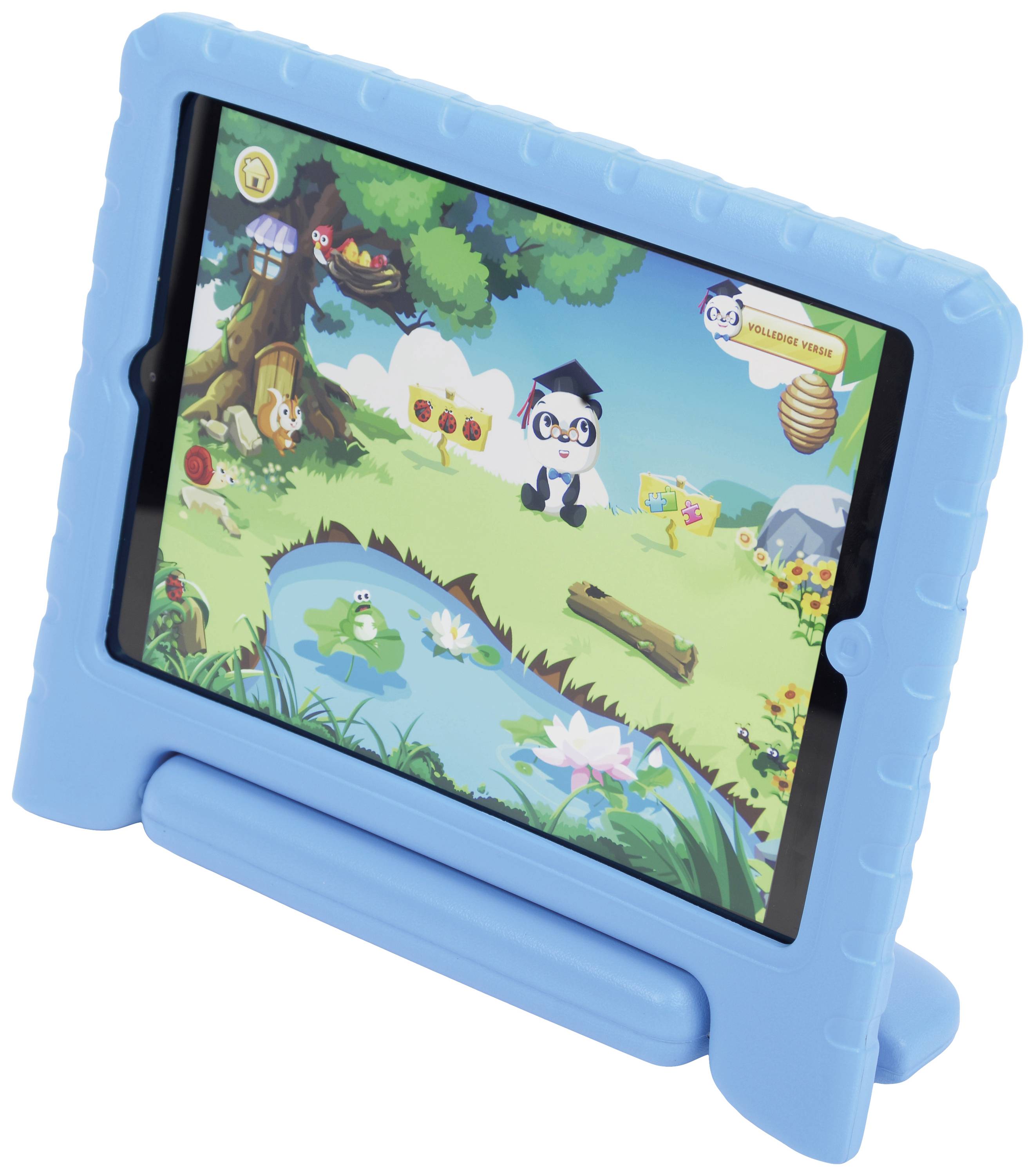 Tablet mit blauer Schutzhülle zeigt buntes Lernspiel mit Tieren und Naturkulisse. Kinderfiguren und Gegenstände sichtbar.