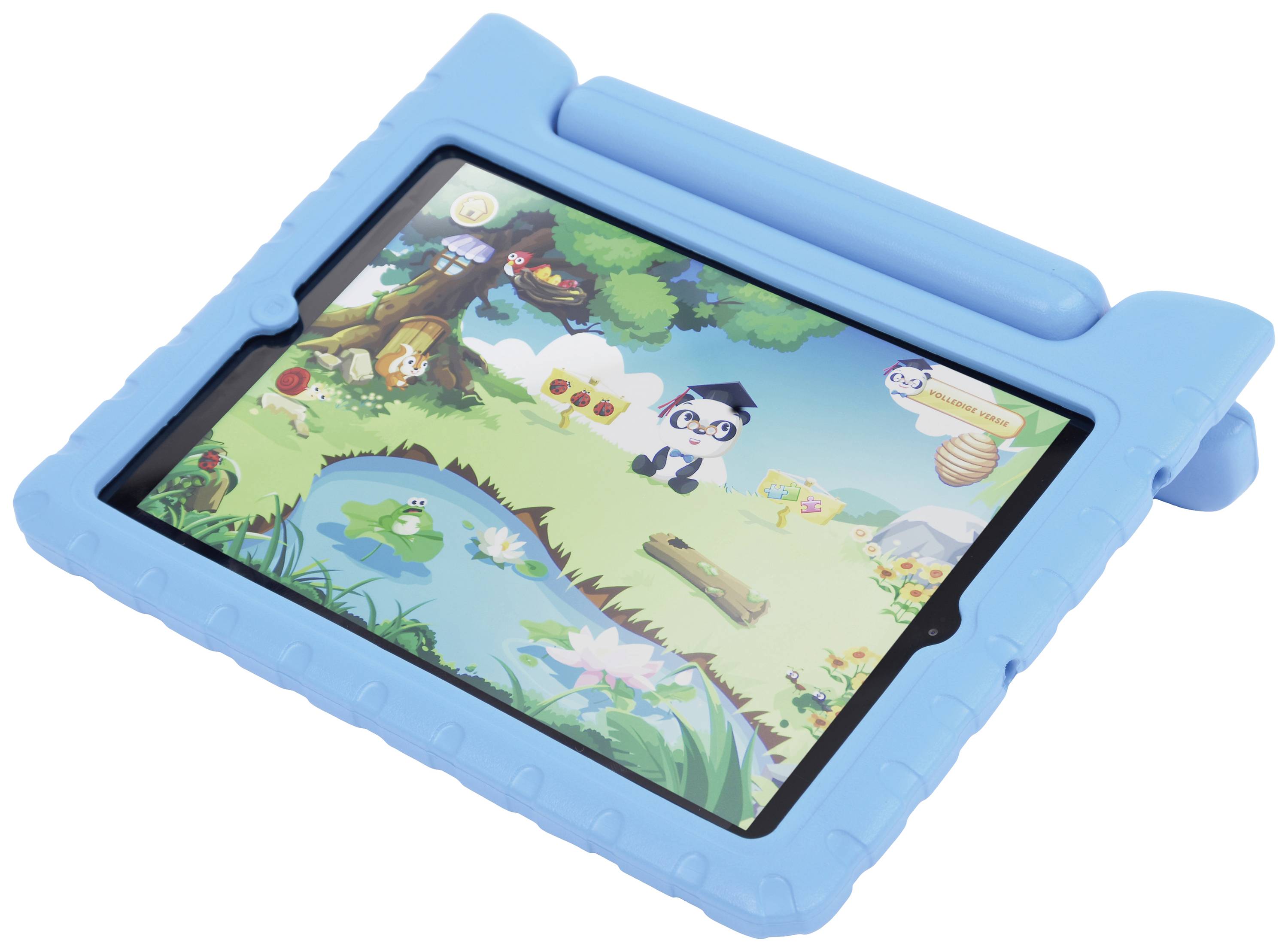 Ein Tablet mit einer blauen Schutzhülle zeigt eine bunte Zeichnung eines Gartens mit einem Baum, Blumen und einem animierten Panda.