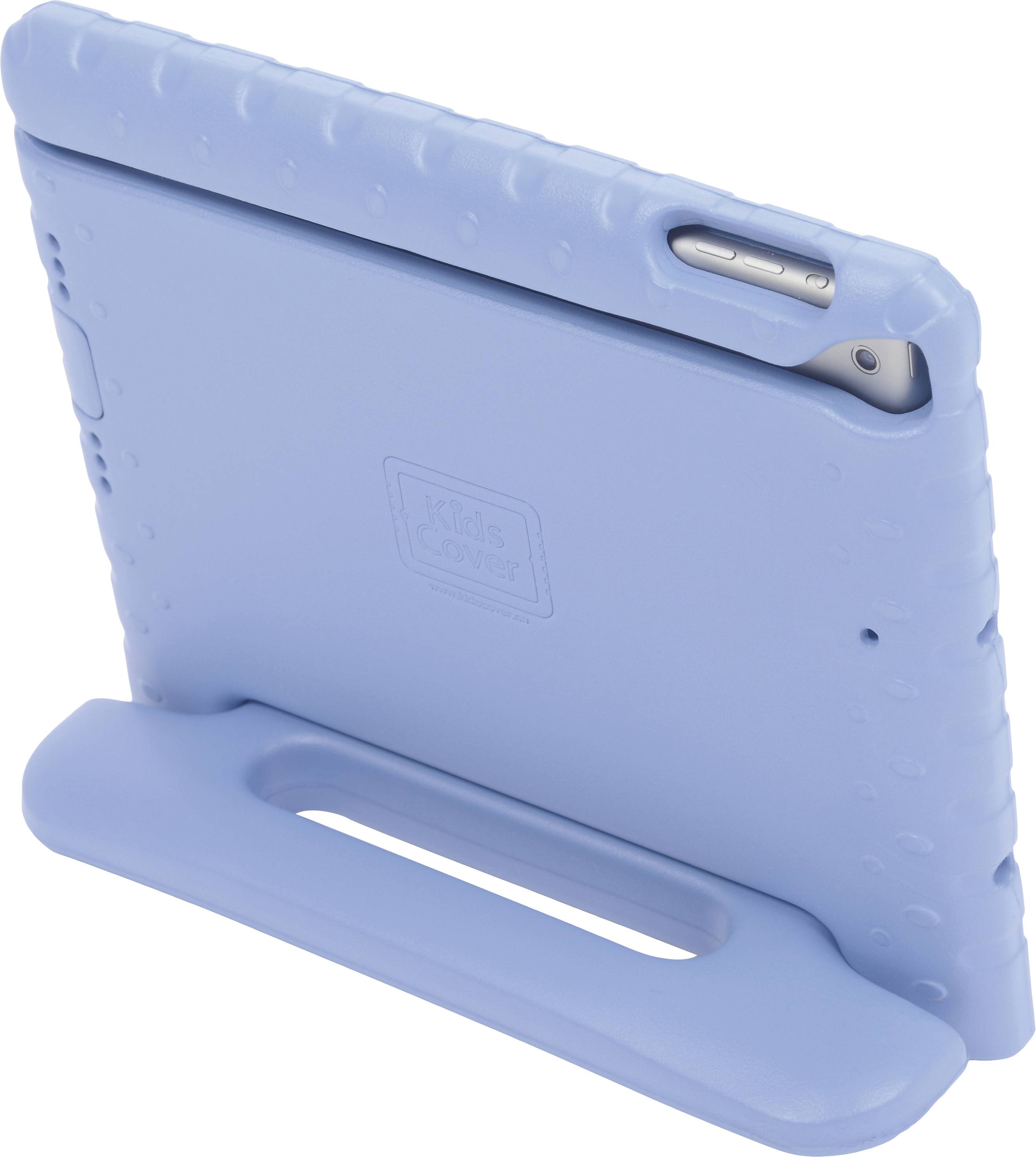 Eine blaue Tablet-Hülle mit integriertem Ständer, ideal für Kinder. Sie ist robust und hat eine strukturierte Oberfläche für guten Halt.