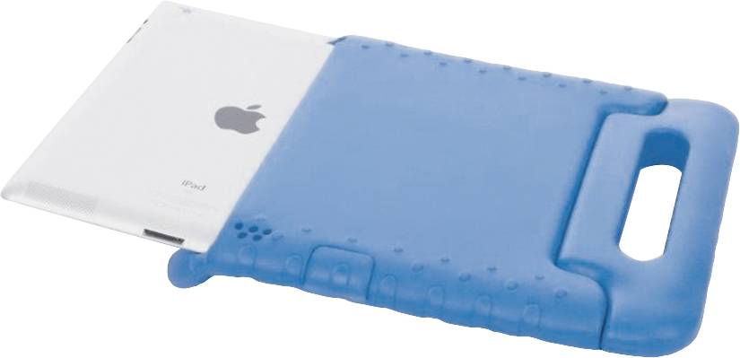Ein silbernes Tablet teilweise in eine blaue Schutzhülle gesteckt, mit einem Griff auf der rechten Seite der Hülle.