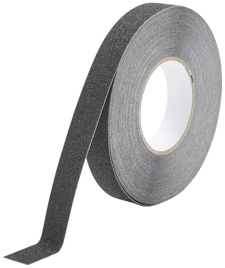 Eine Rolle selbstklebendes Antirutschband in Schwarz, das Abriebfestigkeit bietet und auf Oberflächen stabilen Halt gewährleistet.