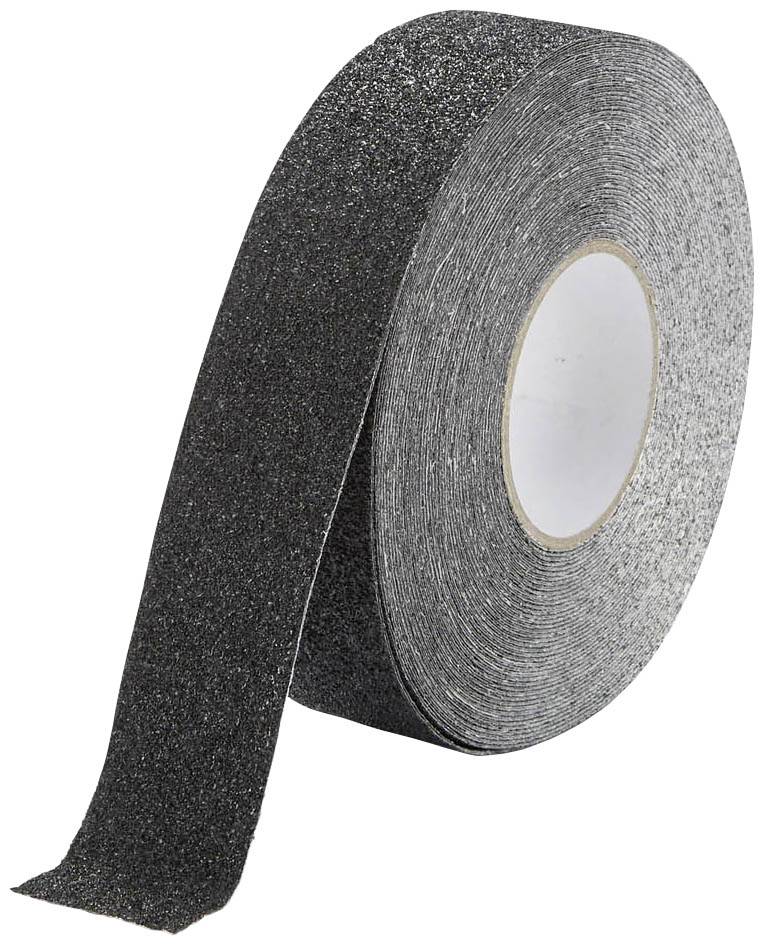 Eine schwarze Rolle Antirutschband, teilweise abgerollt, mit körniger Oberfläche zur Erhöhung der Trittsicherheit auf glatten Flächen.