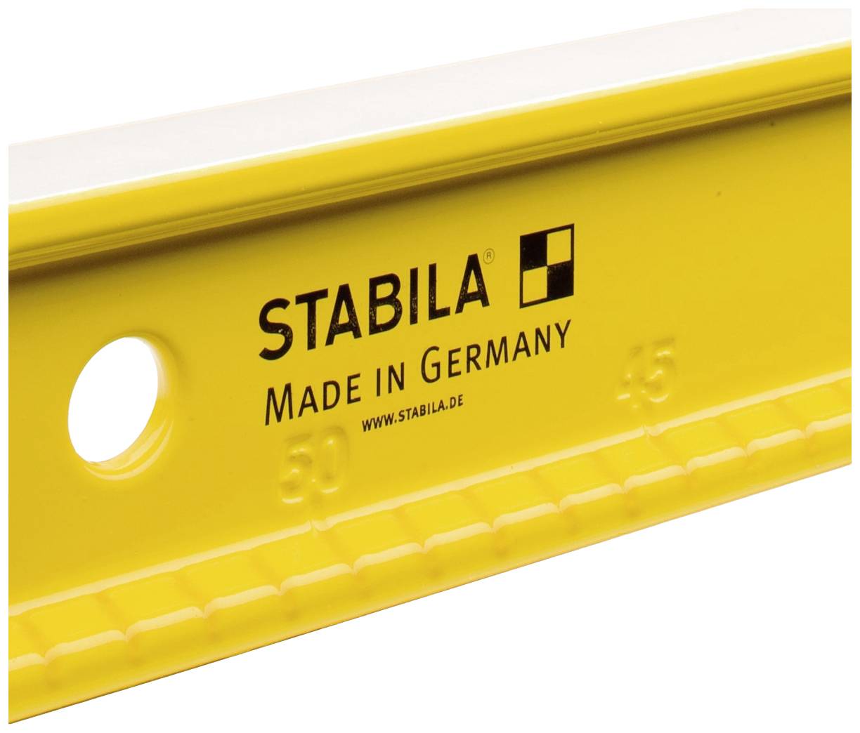 Ein gelbes Lineal mit der Aufschrift 'STABILA Made in Germany' ist abgebildet. Es hat eine Skala und eine Lochöffnung.