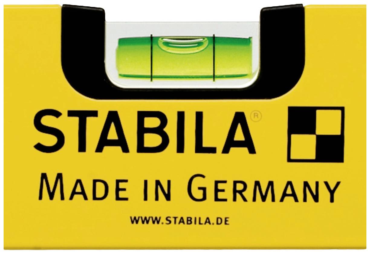 Wasserwaage mit gelbem Gehäuse von 'STABILA', Text 'Made in Germany', Website 'www.stabila.de'.