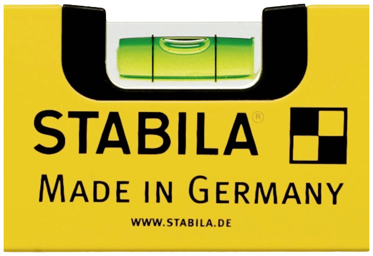Wasserwaage von Stabila, gelb mit schwarzer Schrift, 'STABILA Made in Germany', grüne Libelle in der Mitte für Messpräzision.