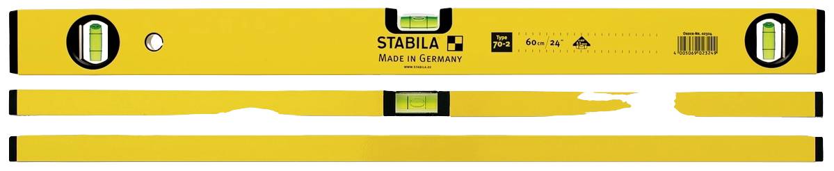 Wasserwaage der Marke Stabila, gelb, mit drei Libellen für präzises Ausrichten. Made in Germany.