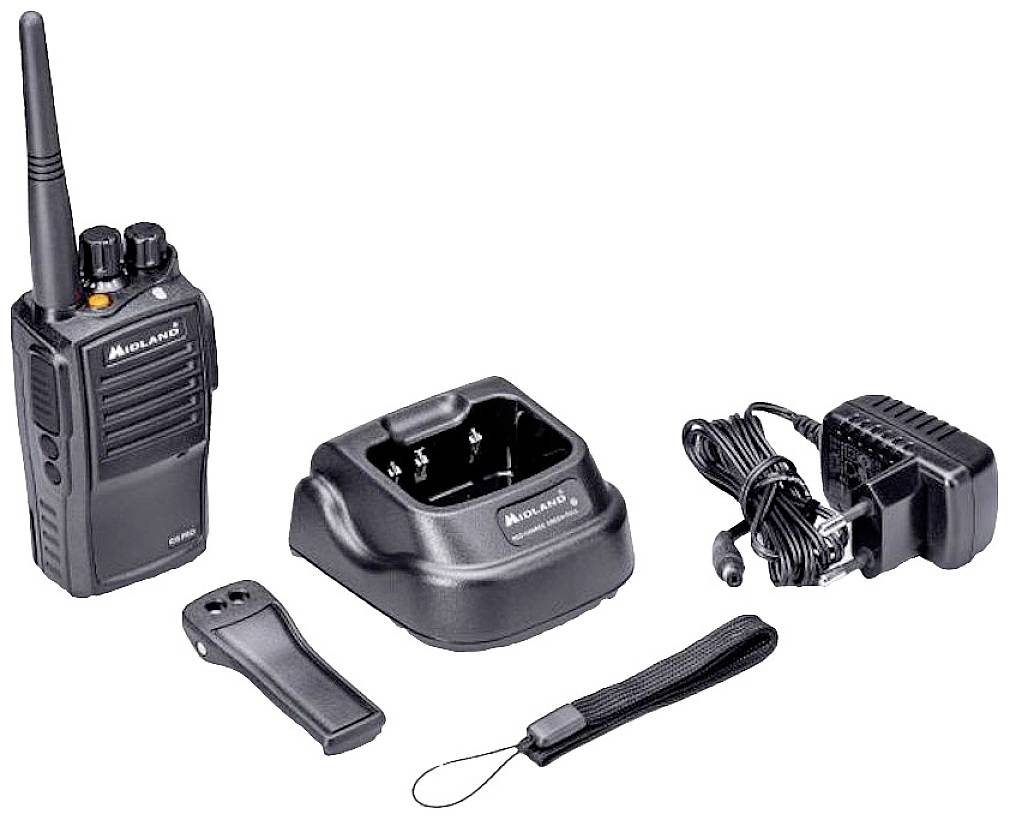 Walkie-Talkie-Set: Ein Walkie-Talkie mit Antenne, Ladestation, Gürtelclip und Netzteilkabel. Alle Teile sind schwarz.