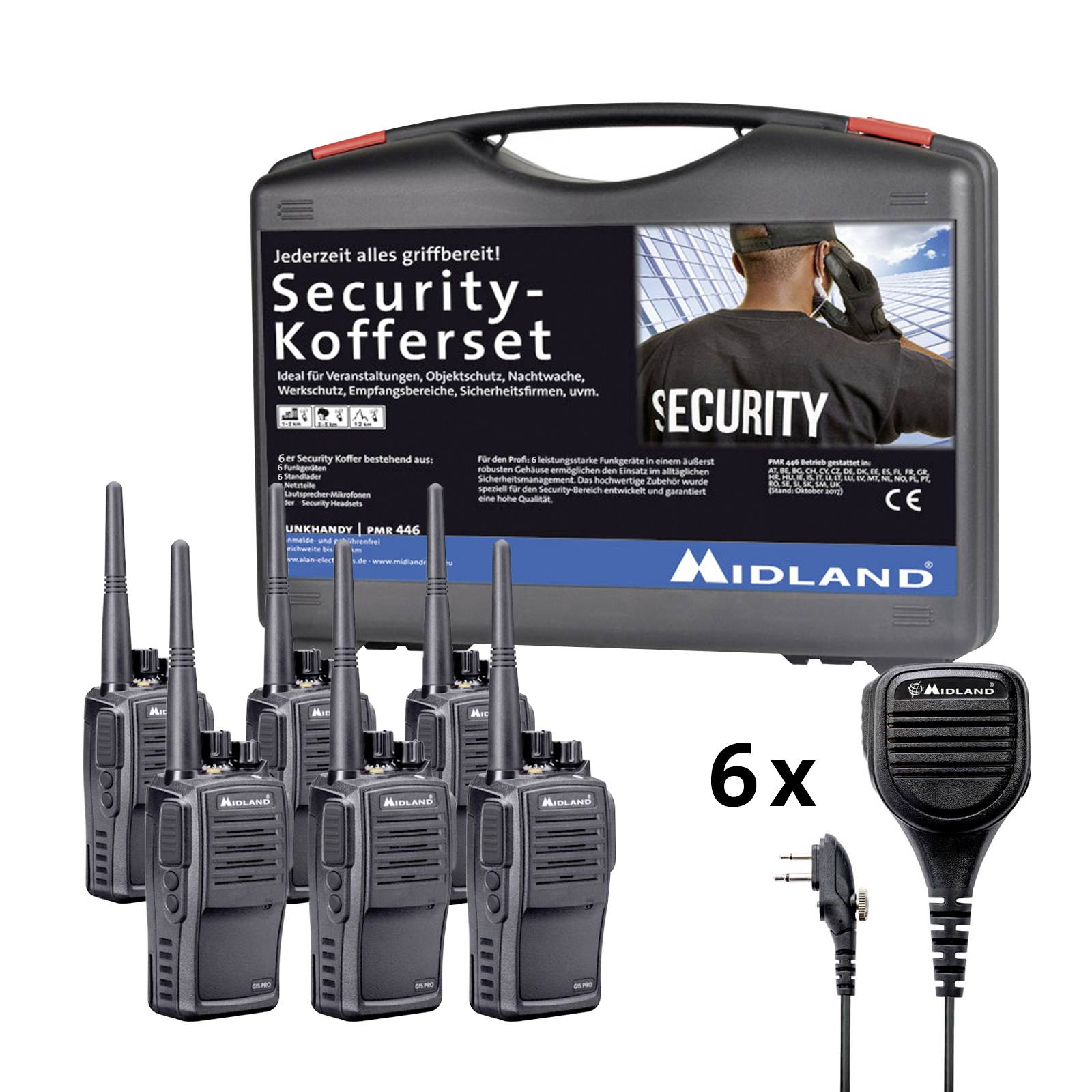 Sicherheits-Walkie-Talkie-Set mit sechs Geräten und Zubehör, ideal für Veranstaltungen und Sicherheitsdienste. Tragbarer Koffer im Hintergrund.