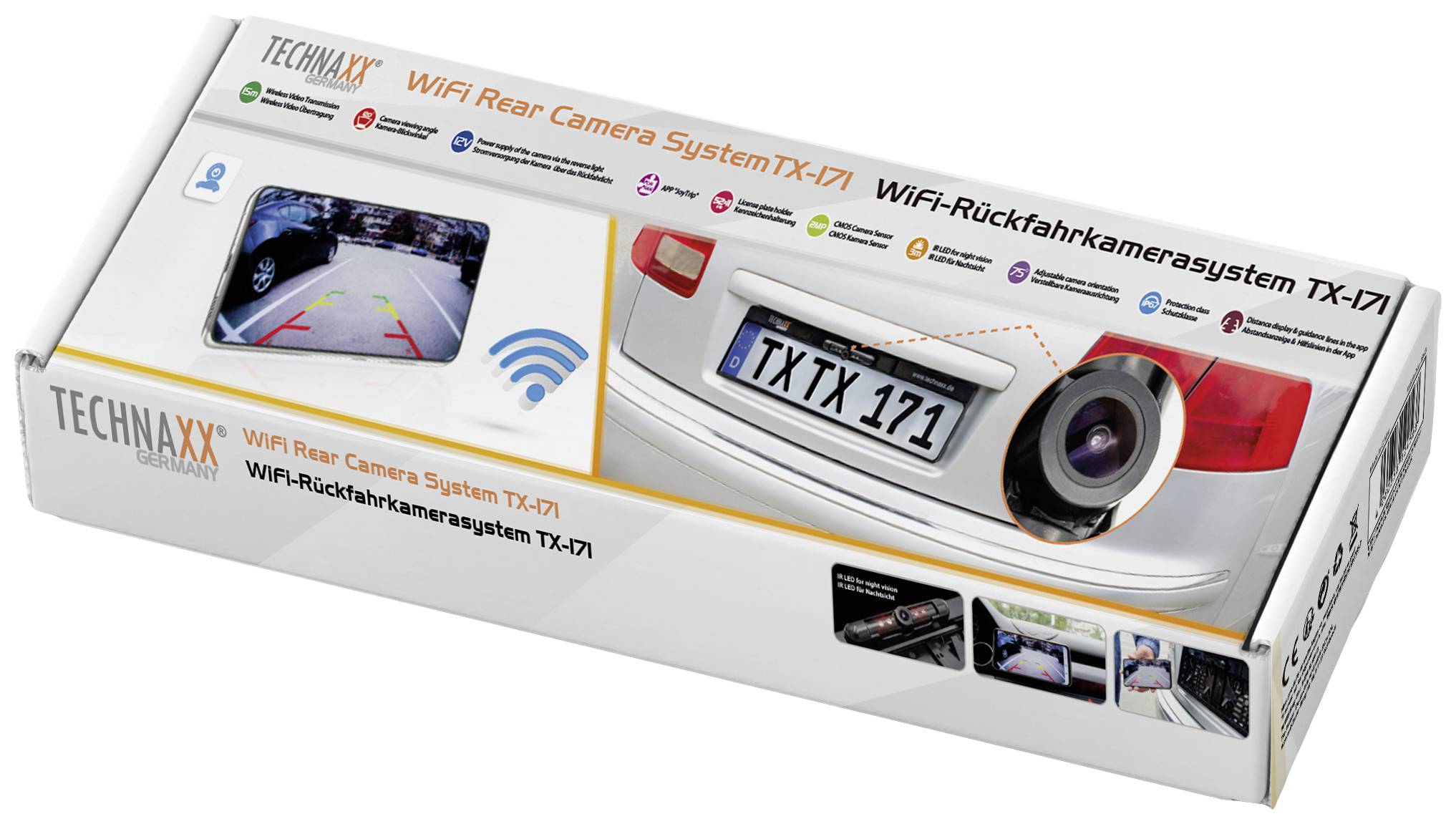 Technaxx TX-171 WLAN-Rückfahrvideosystem Smartphone App, neigbar, IR-Zusatzlicht, Abstandshilfslinien, Automatische