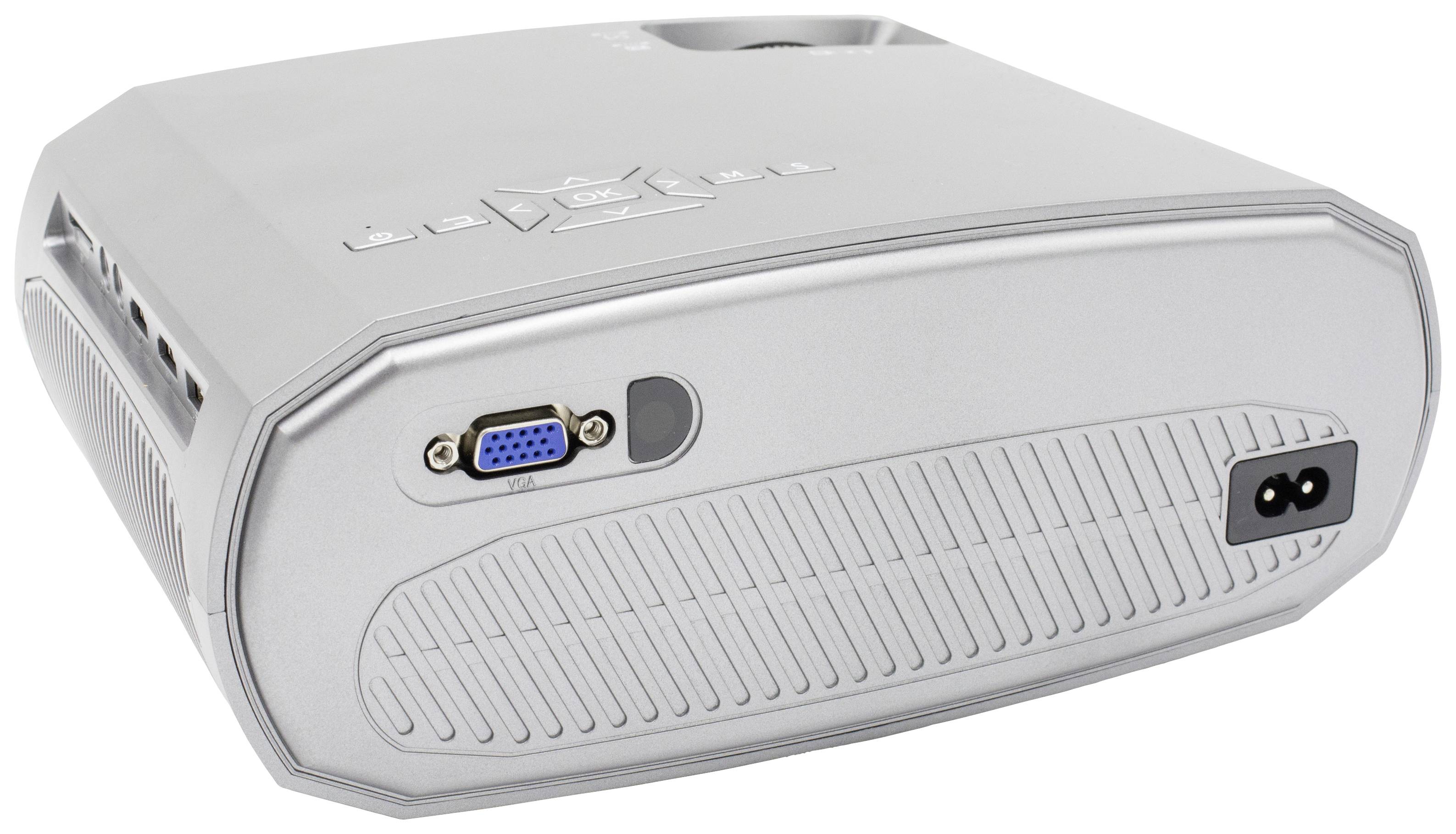 Grauer Multimedia-Projektor in schräger Ansicht mit Anschlüssen, einschließlich VGA-Port und Netzkabelanschluss.