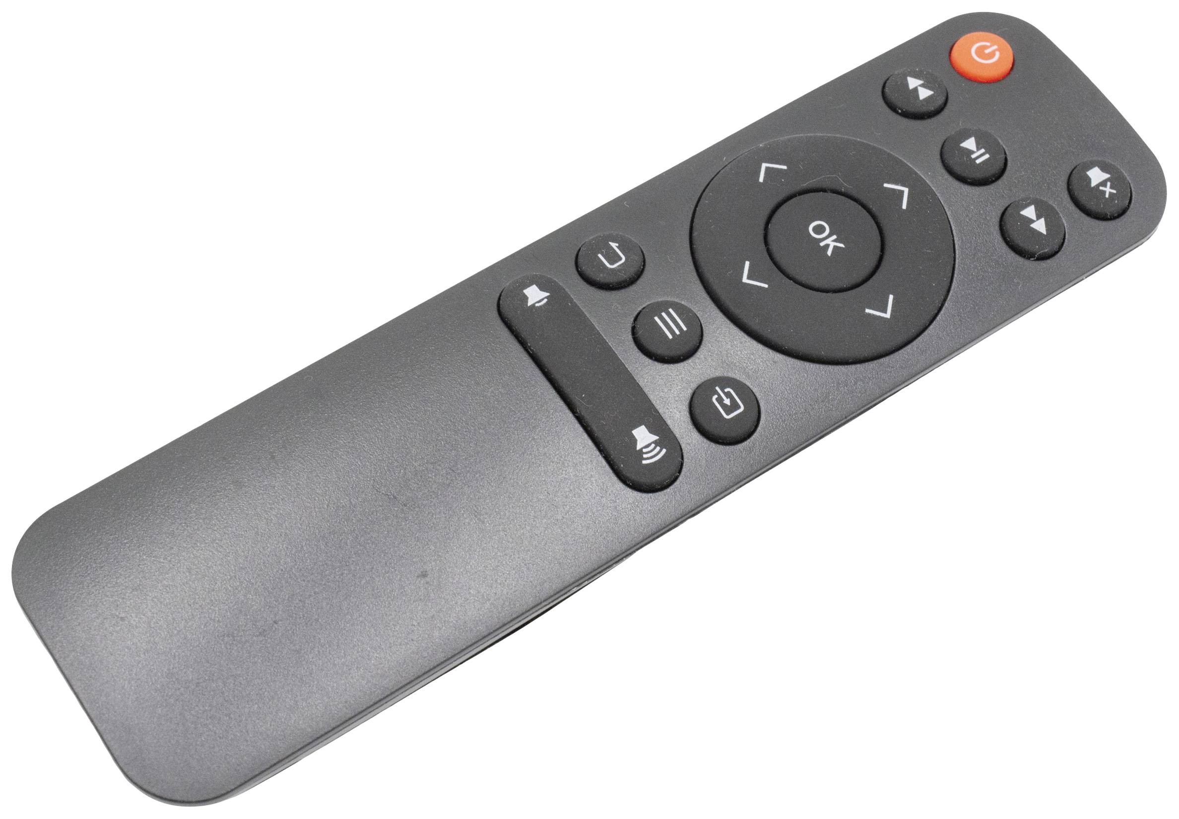 Eine schwarze Fernbedienung mit Tasten für OK, Lautstärke, Kanalwechsel und Ein/Aus.
