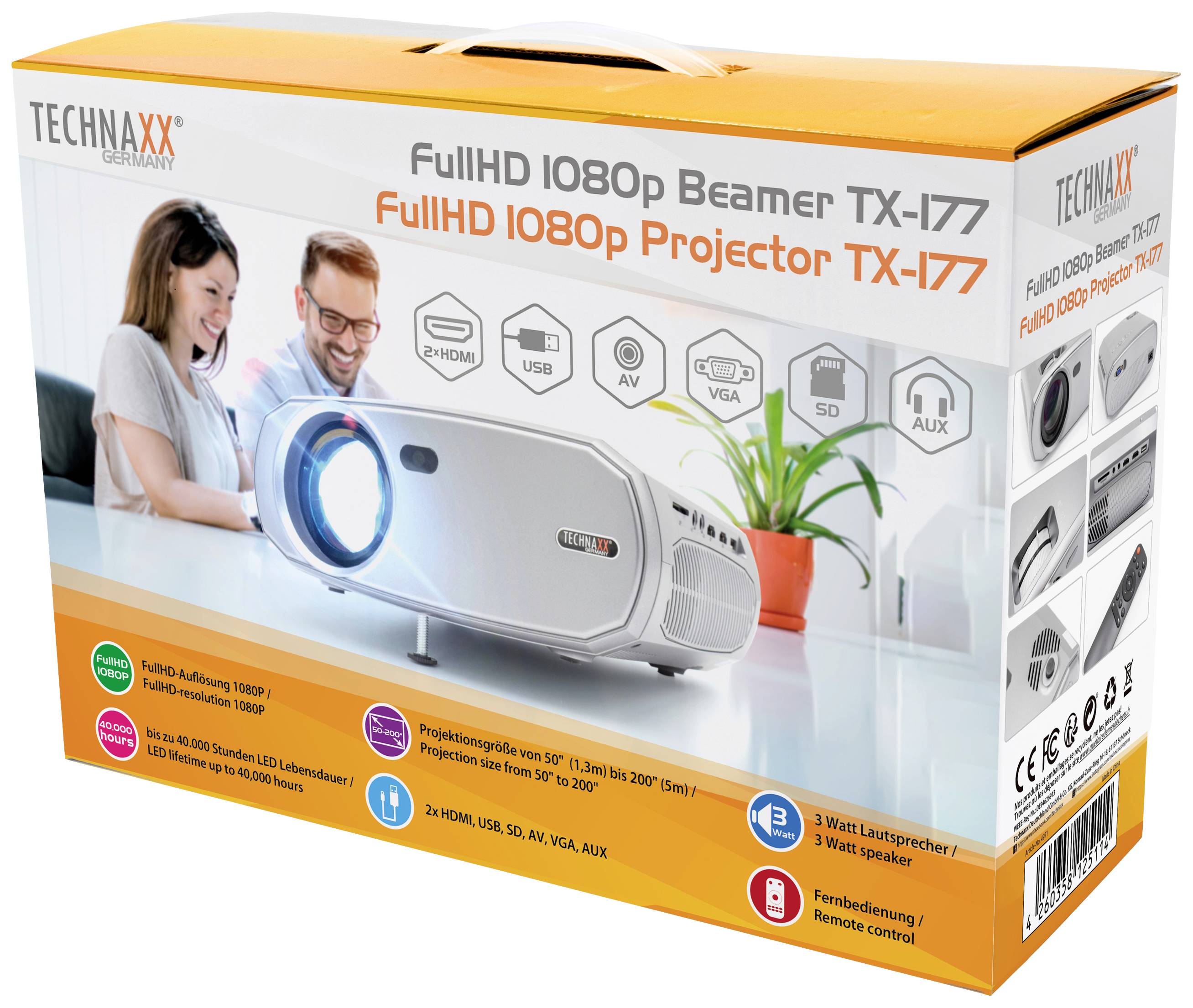 Verpackung eines Technaxx FullHD 1080p Beamers TX-177 zeigt Beamer und lachendes Paar. Funktionen: HDMI, USB, AV, VGA, SD, AUX.