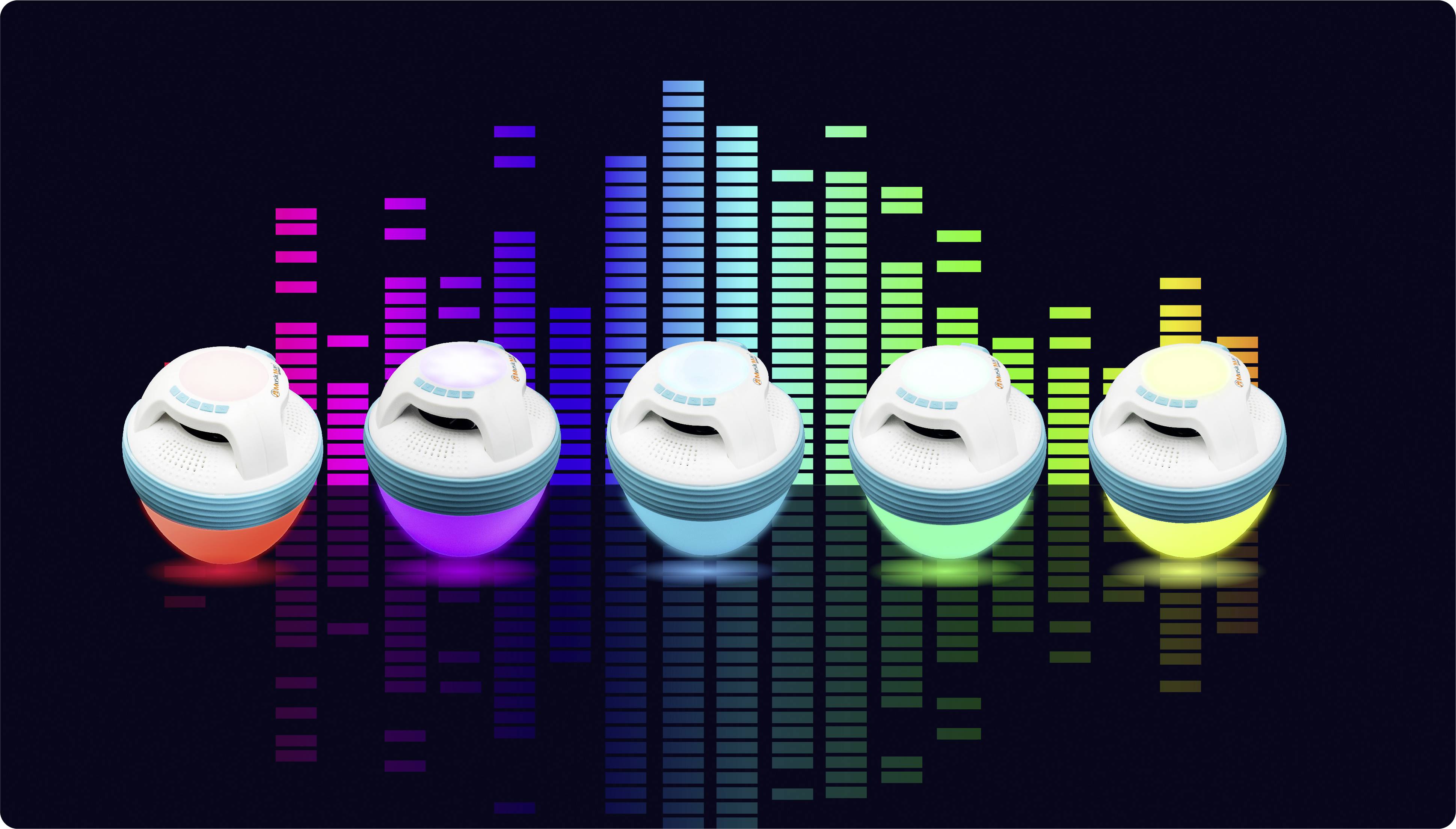 Fünf bunte, leuchtende Lautsprecher vor einem Hintergrund mit bunten, aufsteigenden Balken, die an einen Equalizer erinnern.