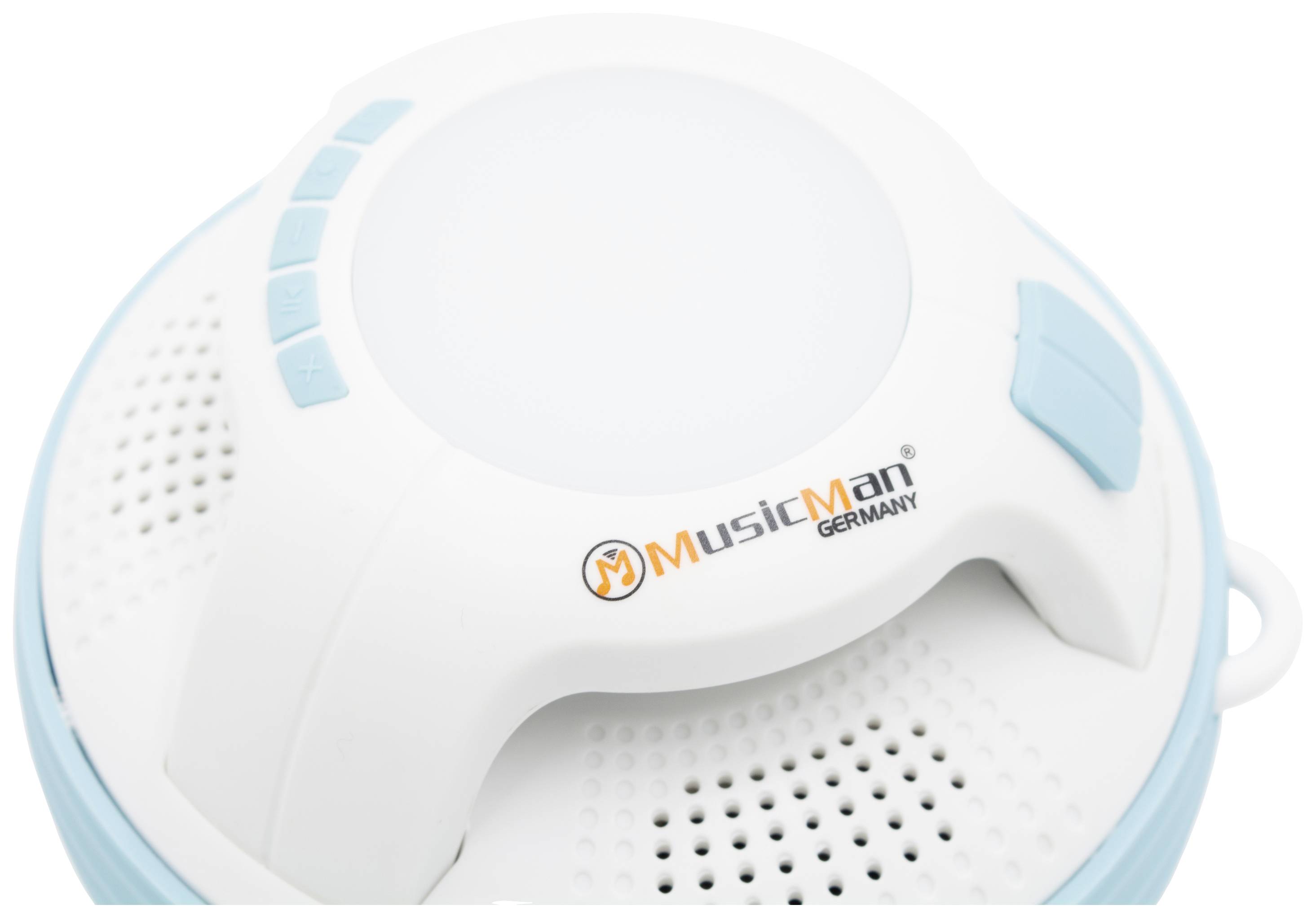 Eintrag in einem Musikgerät mit Lautsprecher und Steuerungsknöpfen, Marke 'MusicMan Germany', in blau-weißem Design.