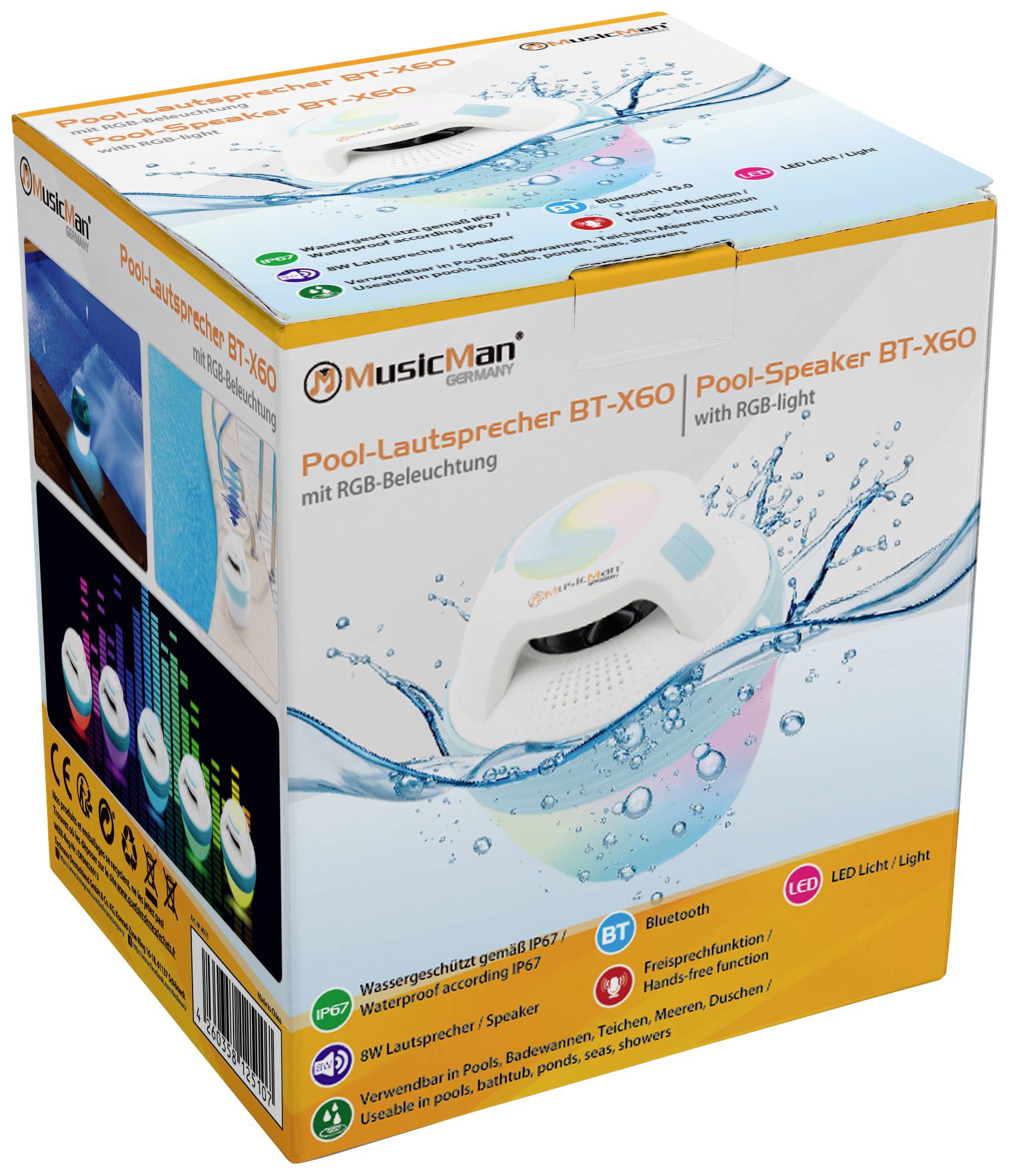 Die Verpackung zeigt den Pool-Lautsprecher BT-X60 von MusicMan mit RGB-Beleuchtung. Merkmale: wasserdicht, Bluetooth, LED-Licht.