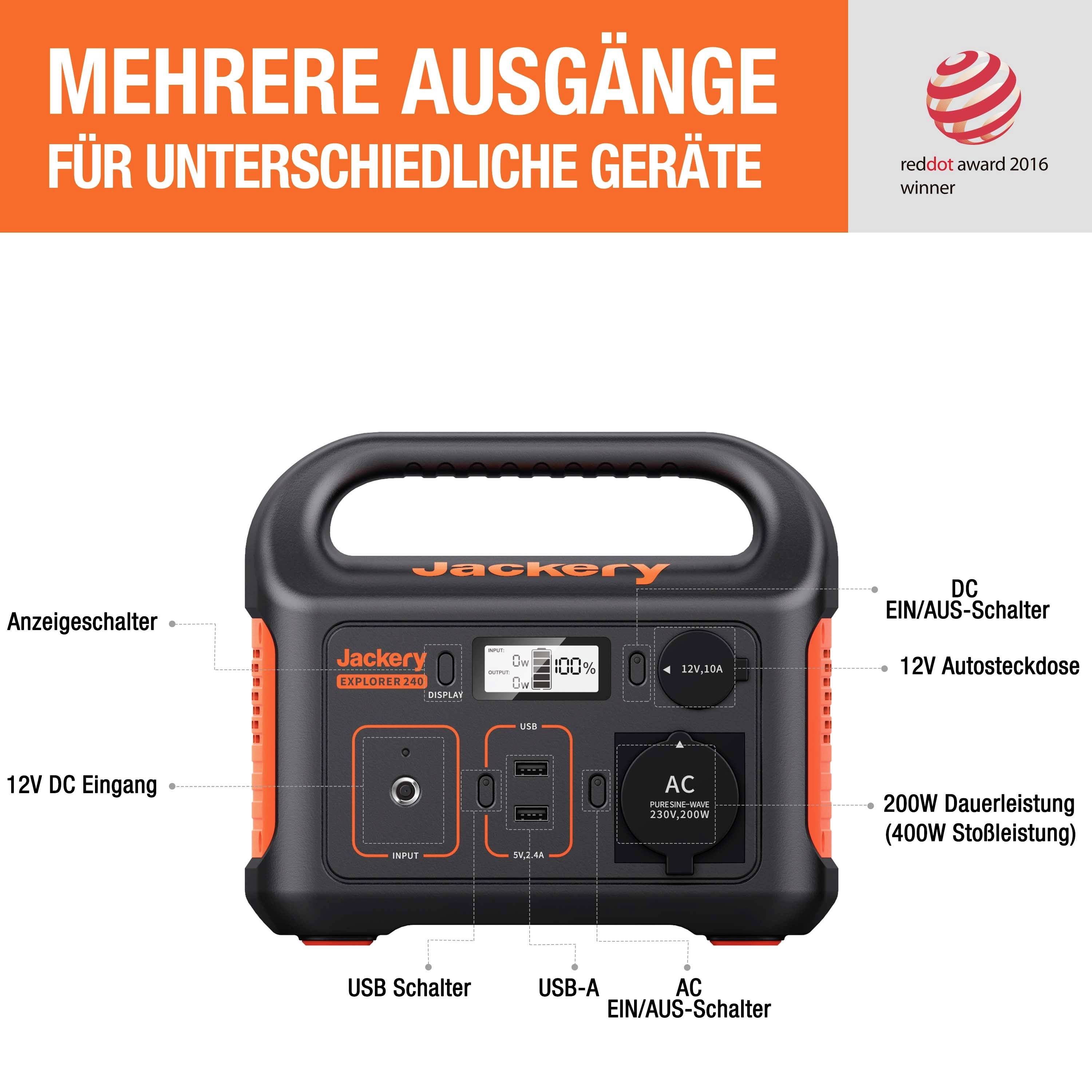 Jackery Explorer 240 Powerstation Li-Ion Schwarz, Orange mit Laderegler