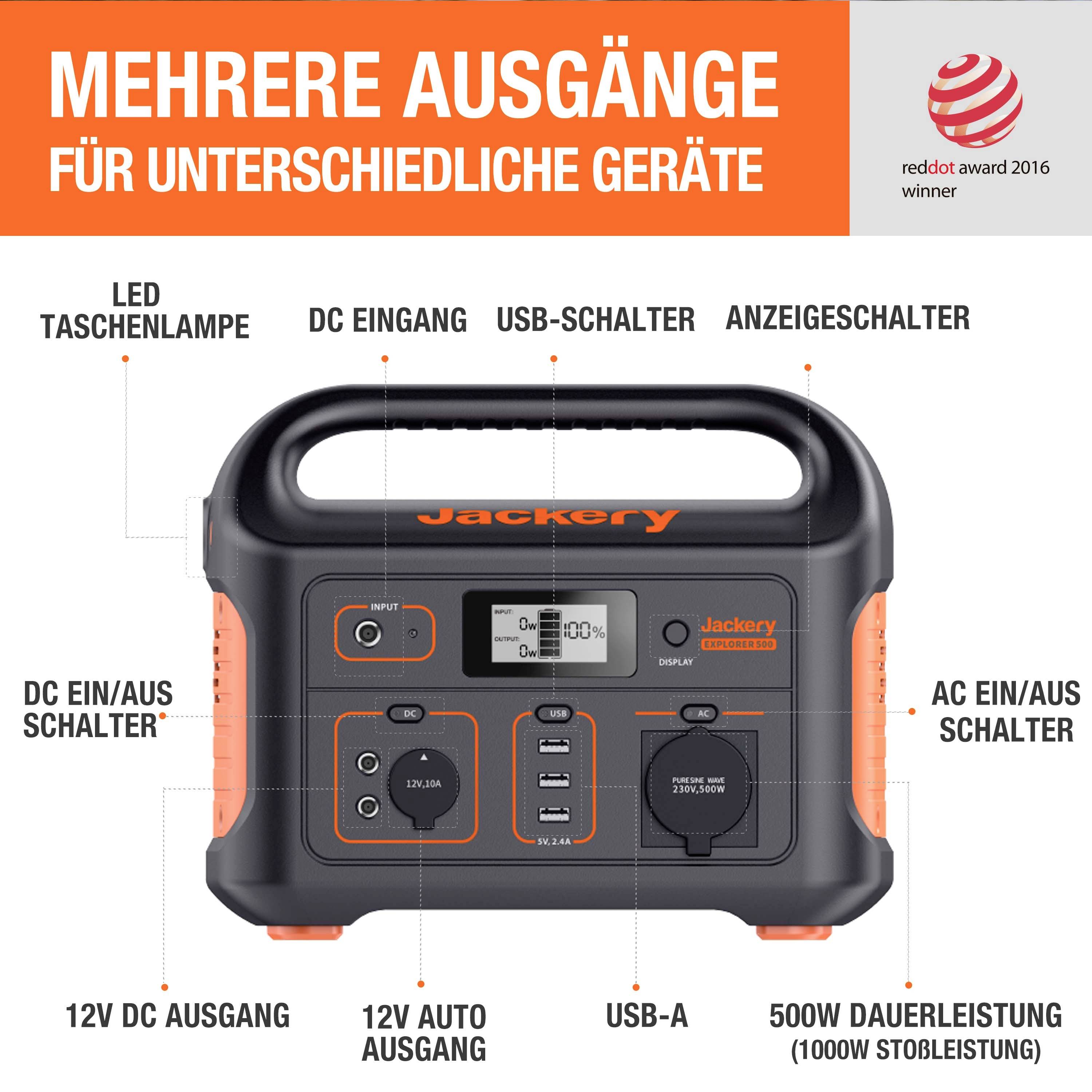 Jackery Explorer 500 Powerstation Li-Ion Schwarz, Orange mit Laderegler